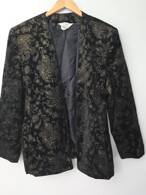 Tan Jay By Nygard Blazer Womens 18W Black Paisley Velvet Retro Vintage Smoking